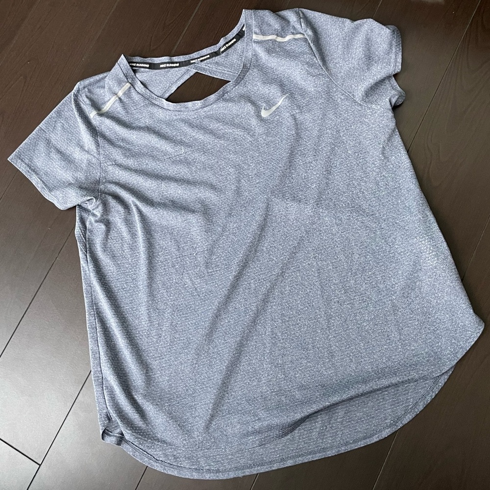 Nike Women's Gray Blue Athletic Top Open Back Dri Fit Gym Shirt